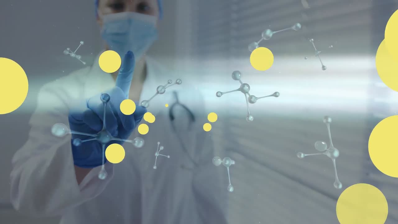 얼굴 마스크를 입은 백인 여성 의사 위에 떠다니는 노란 점의 애니메이션