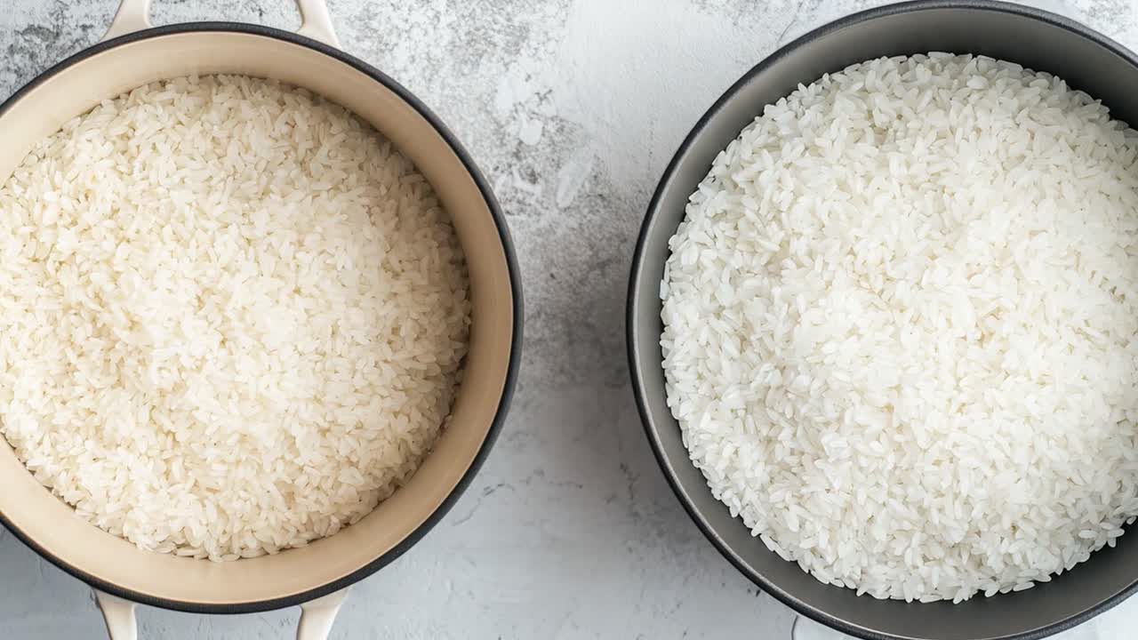 Two pots of cooked white rice