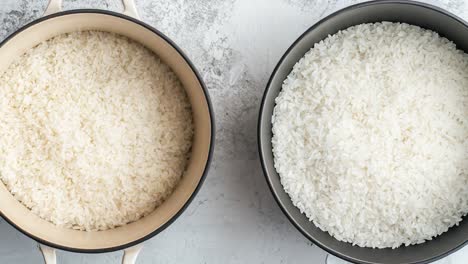 two pots of cooked white rice
