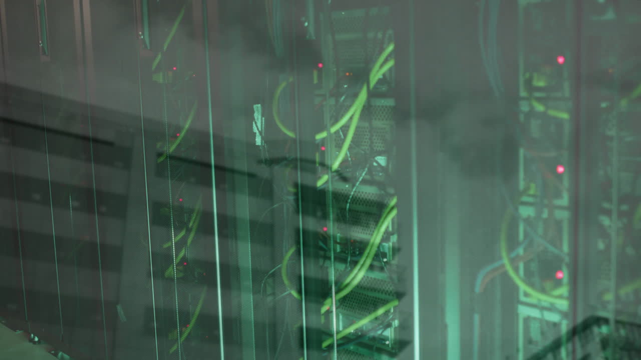 Animated illustration presenting server racks glowing green with cables snaking and LEDs blinking