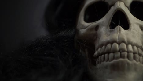 creepy skull with black hair close up panning shot