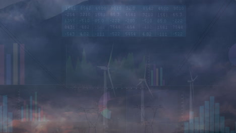 금융 데이터 처리의 애니메이션과 풍력 터빈의 천둥