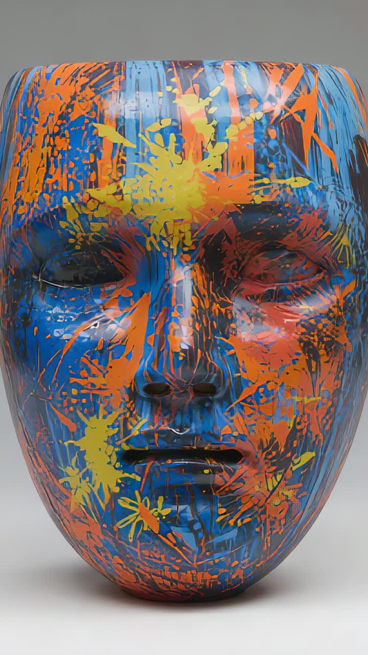 Vertical video: Lights shifting nudging painted mask showing gloss in studio to show lacquer splats
