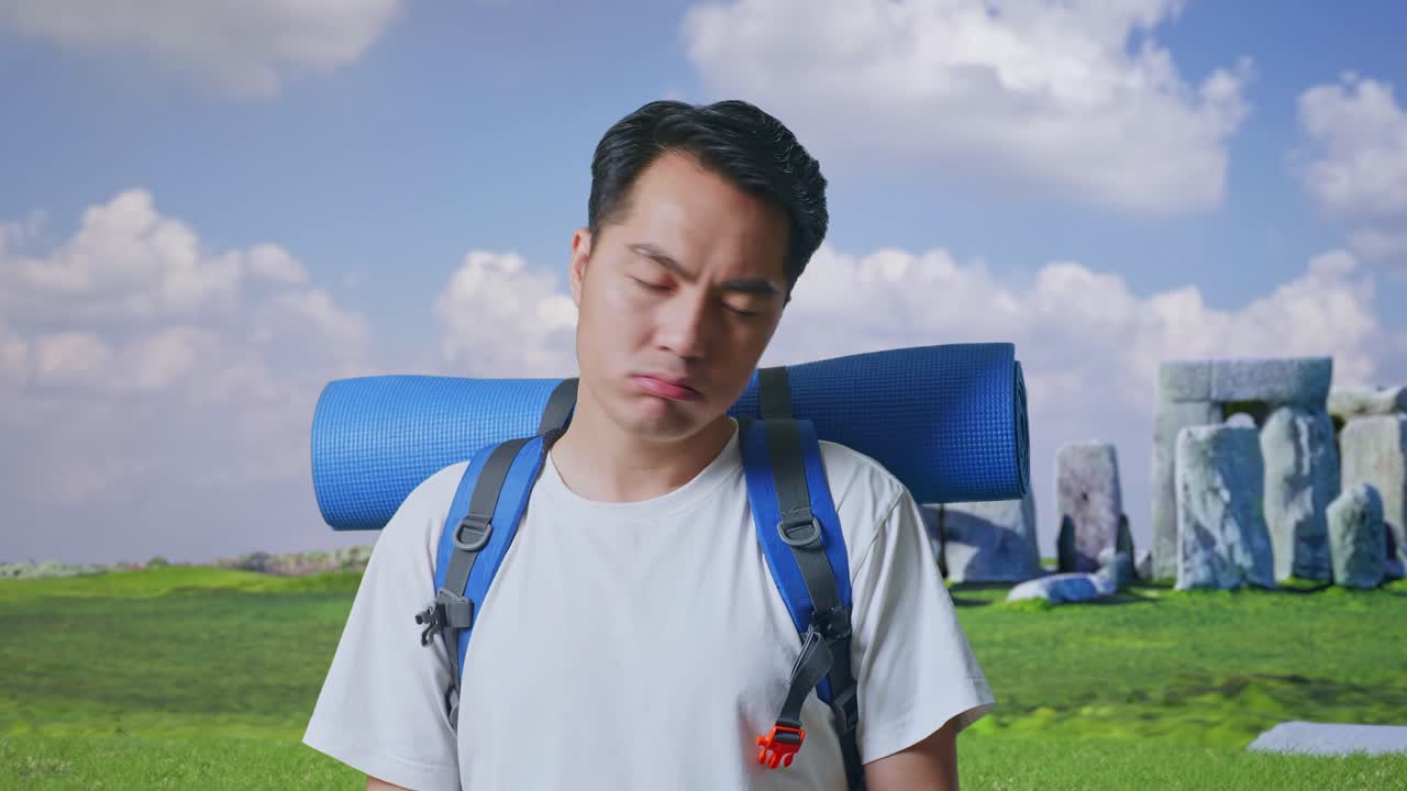 Close Up Of Asian Male Hiker With Mountaineering Backpack Shaking His Head And Making Unsatisfied Face While Traveling In Stonehenge