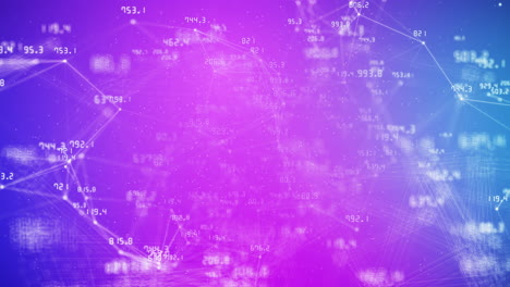 numbers and plexus lines on pink and blue abstract background. financial indicators that change chaotically. connected dots and small particles. looped business animation.