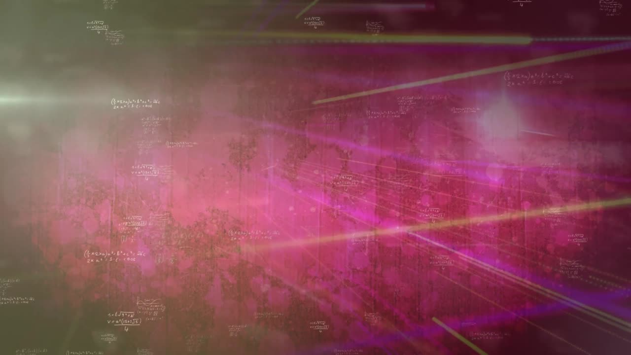 animación de rayas de luz iluminadas y fórmulas matemáticas que se mueven sobre un fondo abstracto
