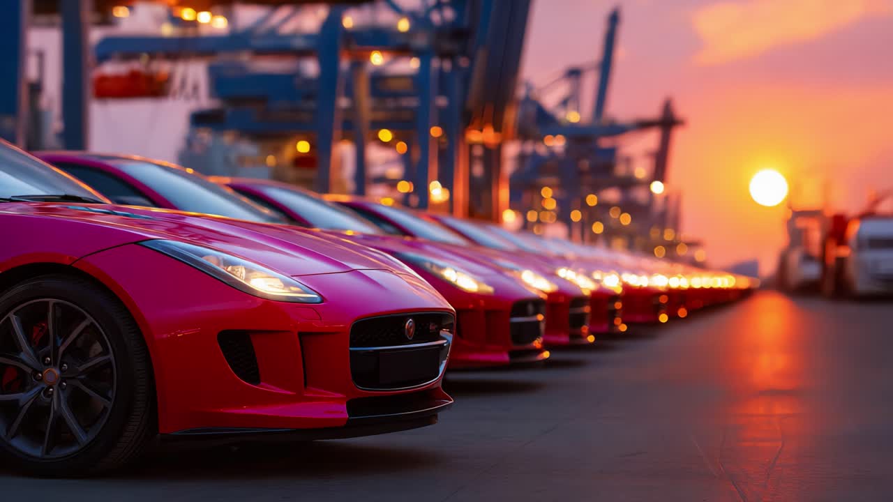 Flot fremvisning af elegante, lyserøde sportsvogne mod en farverig solnedgang på en fragtplads, der viser moderne bildesign og industriel æstetik