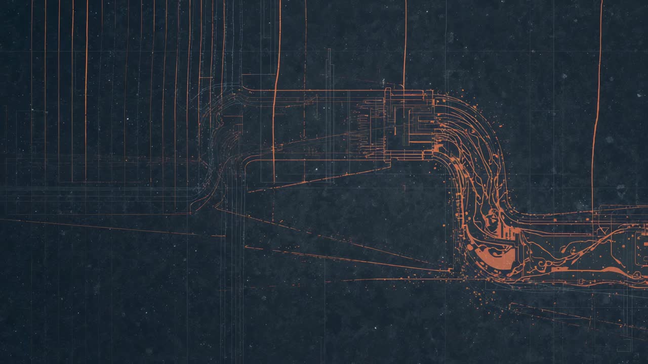 Animating orange plan on dark canvas, left grid pushing into center junction revealing channel bend