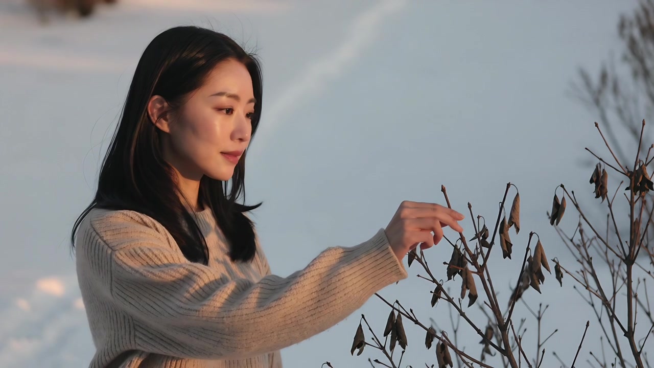 雪原で、ベージュのセーターを着た女性が枯れた莢を見つけ、手を伸ばして小枝を摘み取り、調べている。