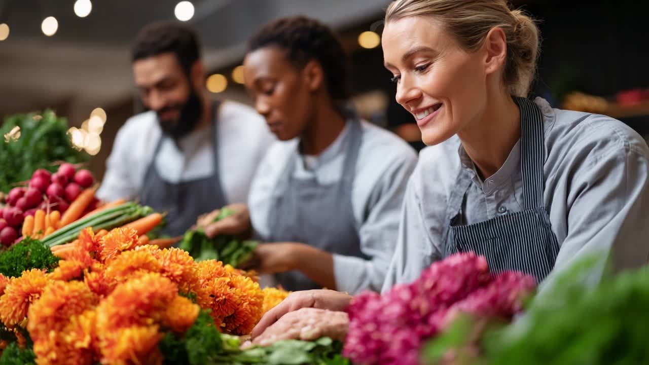 Un vivace team di chef che sistema abilmente prodotti freschi e fiori colorati in una vivace cucina, mostrando la propria passione per le arti culinarie e l'attenzione ai dettagli in ogni disposizione