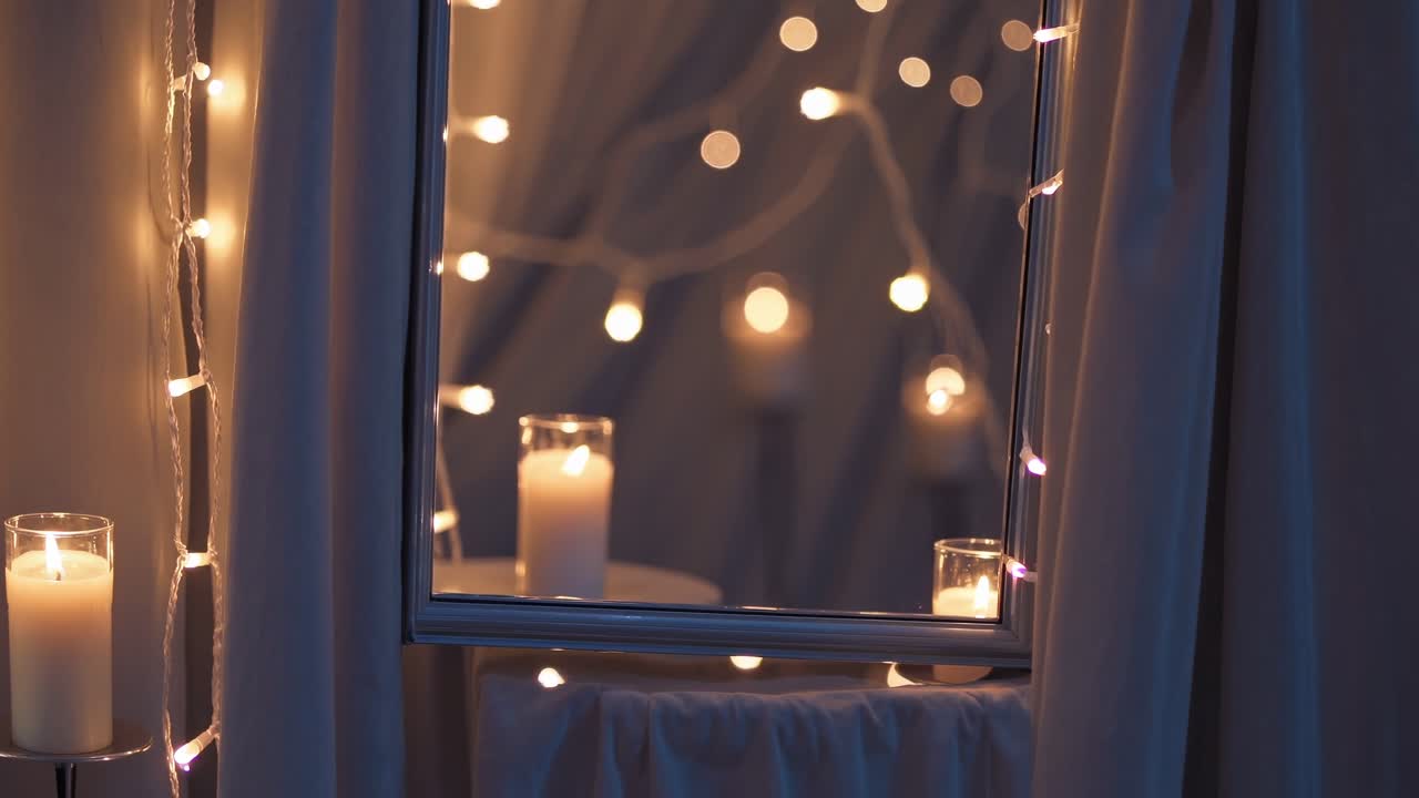 Mirror reflects a cozy candlelit tent adorned with fairy lights, creating a warm and enchanting ambiance, perfect for a romantic or relaxing evening