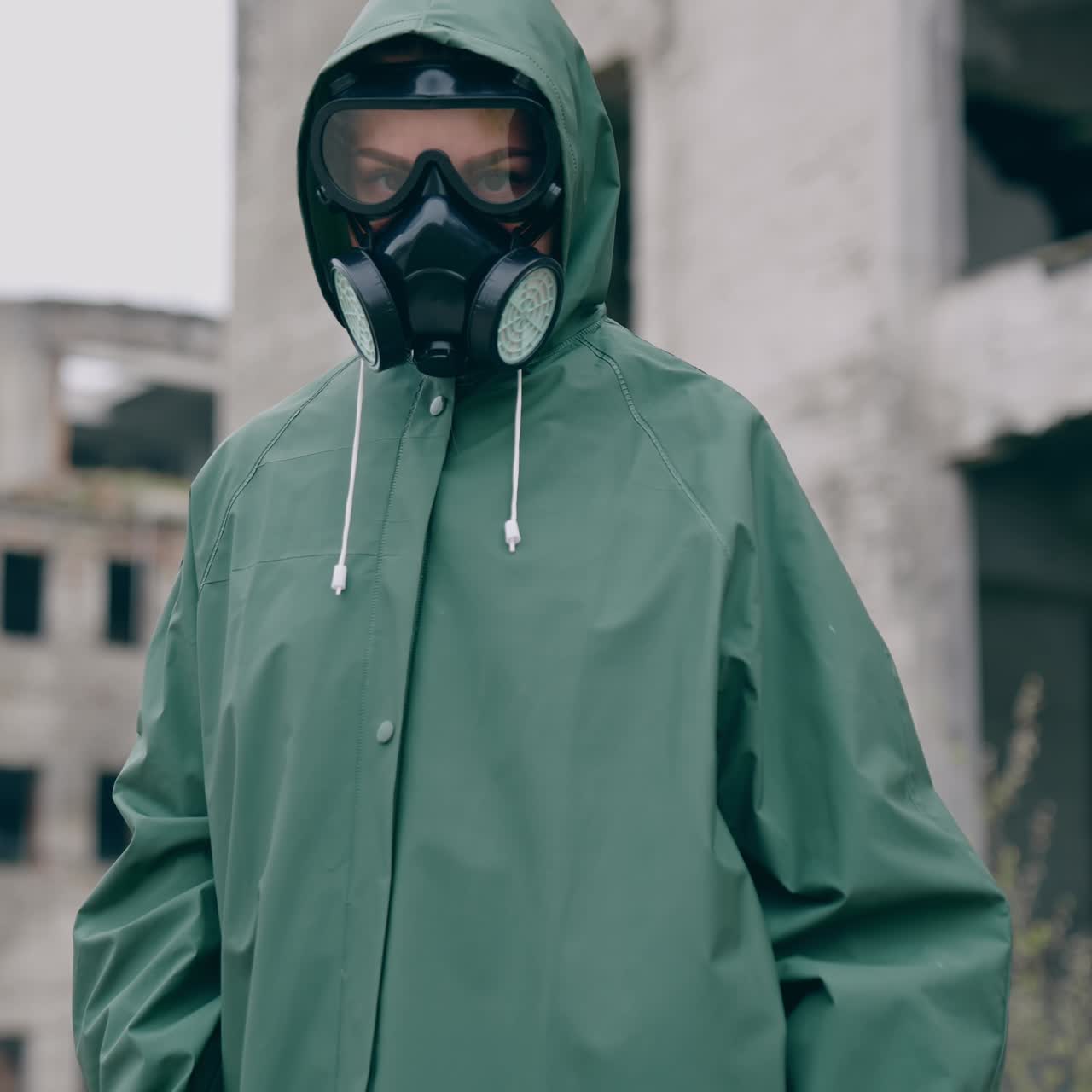 Environmental pollution, ecological disaster, nuclear war, post apocalypse concept. Care for future generations. Human in protective mask, face-guard to prevent breathing toxic air