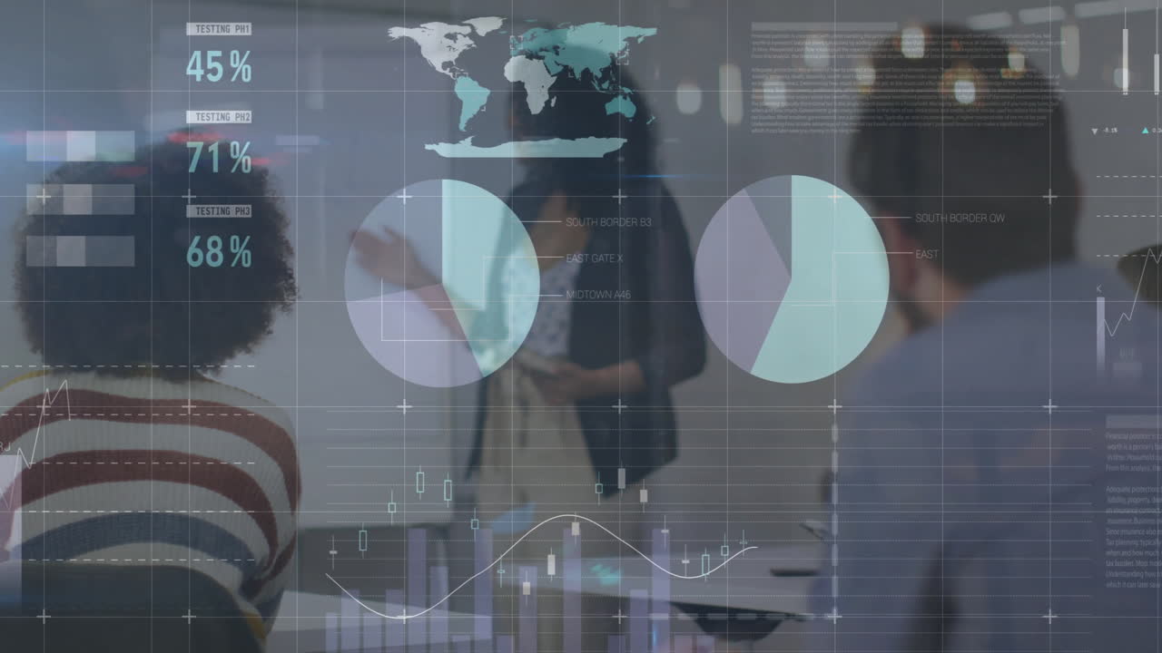 animación del procesamiento de datos y diagramas sobre diversos colegas en la reunión