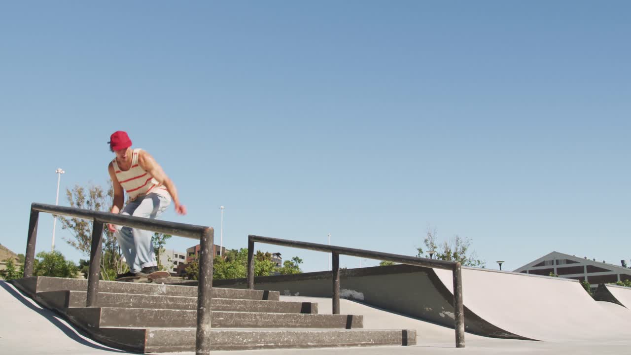 hombre caucásico montando y saltando en patineta en un día soleado