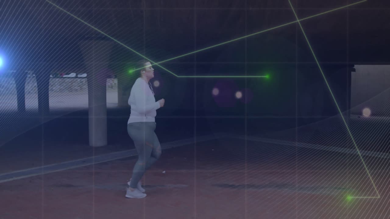 Animation of data processing over plus size caucasian woman running in city street