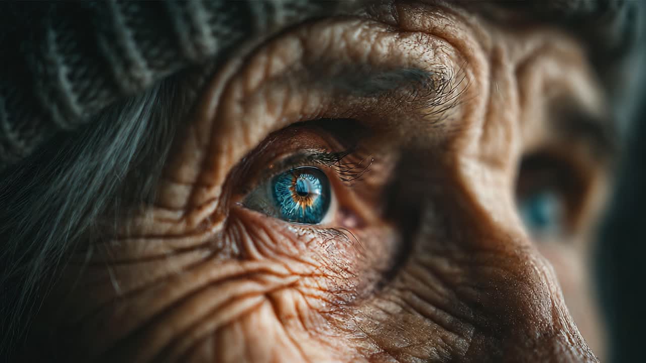 A Close-Up Study of the Distinctive Textures and Colors in the Eye of an Elderly Person, Capturing Wisdom and Life Experience Through Detailed Features
