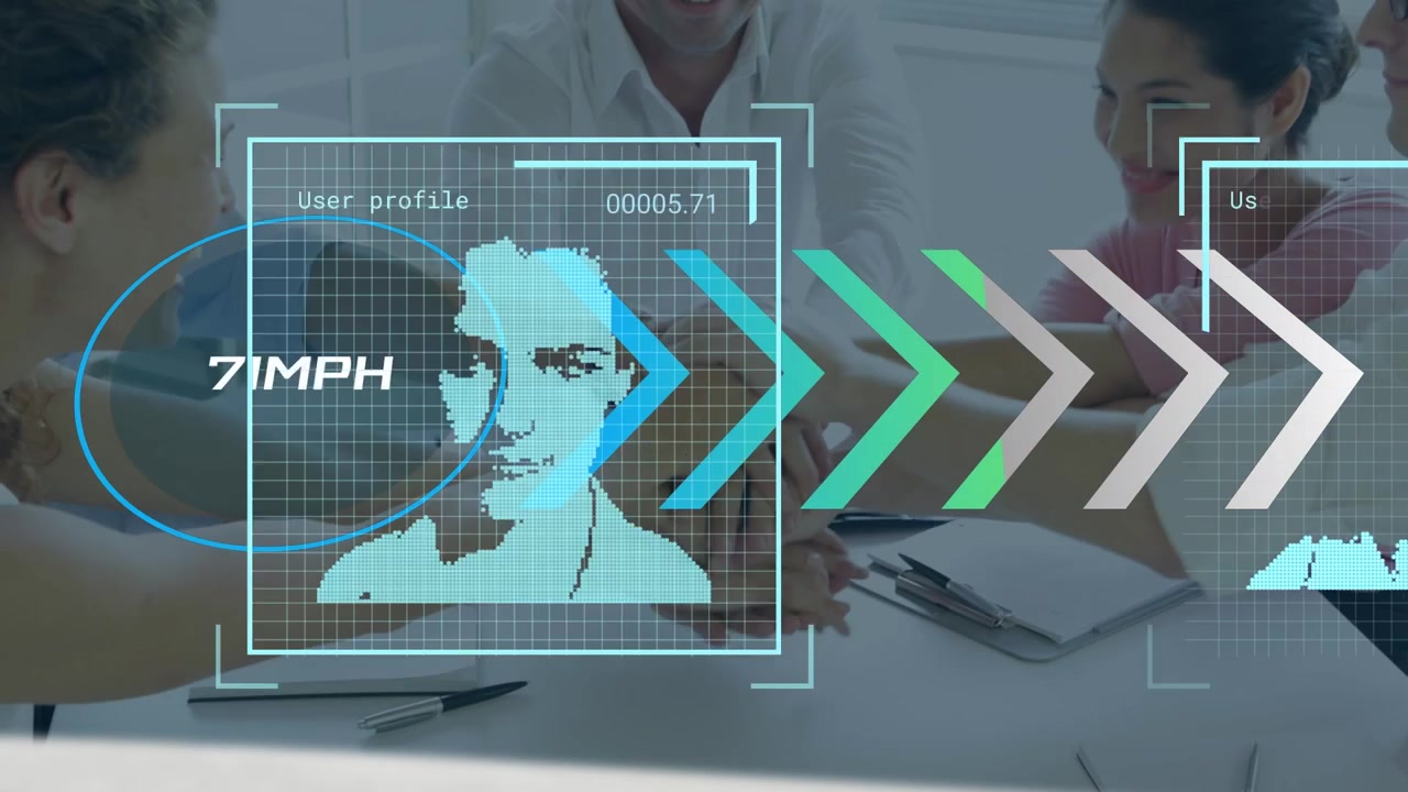 Animation of user photos and speedometer over diverse succeed businesspeople clapping hands