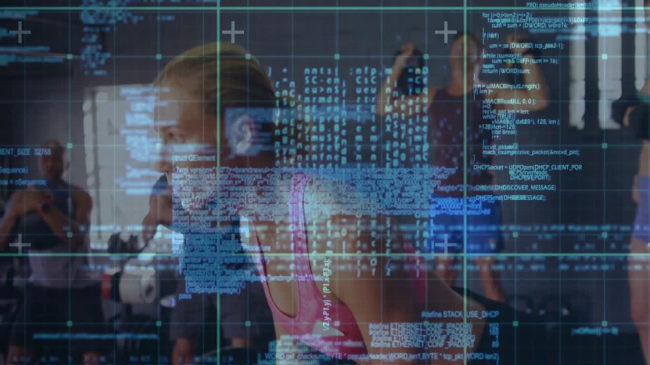 Woman in pink sports bra starting bend, doing dumbbell lifts for fitness, code overlay obscuring