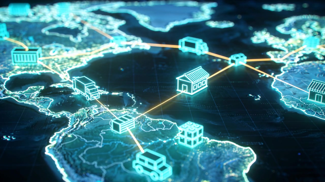 Showing cargo map, truck appearing and moving along orange route across globe to reach depot node