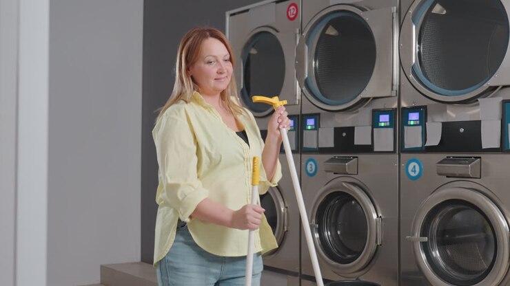 Happy caretaker dances while sweeping near industrial washer inside laundromat, holding broom stick and dust pan, clearing lint spilled from filter drawer on floor during maintenance routine