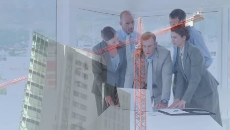 Animation-of-building-site-over-business-people-talking-in-office