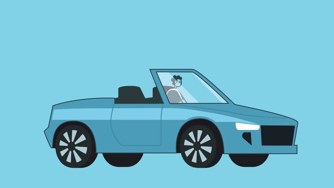 Man Rides in Blue Cabriolet Car. Flat Design Cartoon Car and Character Isolated Loop 2d Animation