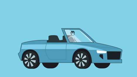 man rides in blue cabriolet car. flat design cartoon car and character isolated loop 2d animation