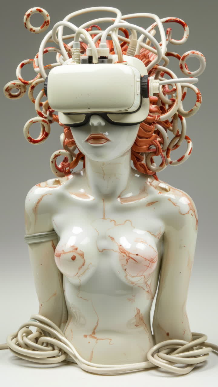 muñecas estatuas femeninas de porcelana con altavoces de audio y auriculares hechos con ai