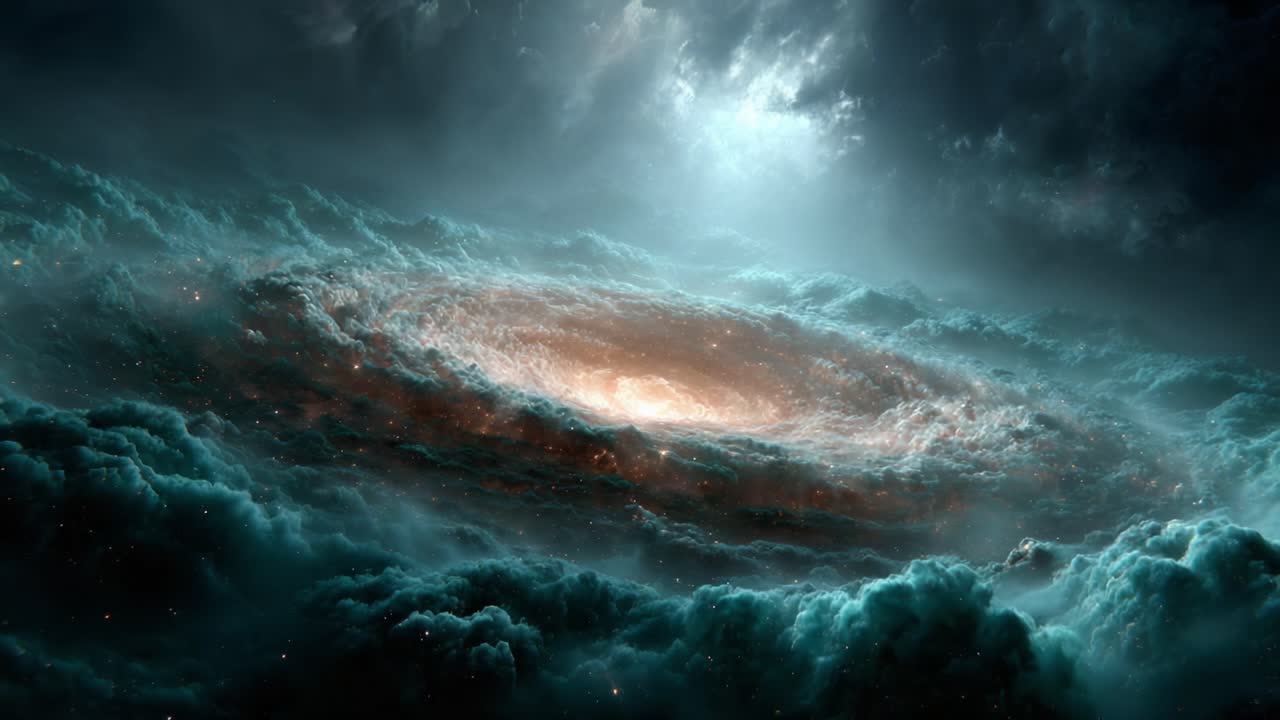 Uno straordinario viaggio cosmico: la spirale ammaliante della galassia tra nuvole celestiali e luci eteree catturata in un'avvincente scena spaziale animata