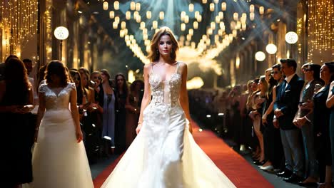 elegant model walks down the runway during a glamorous fashion show evening