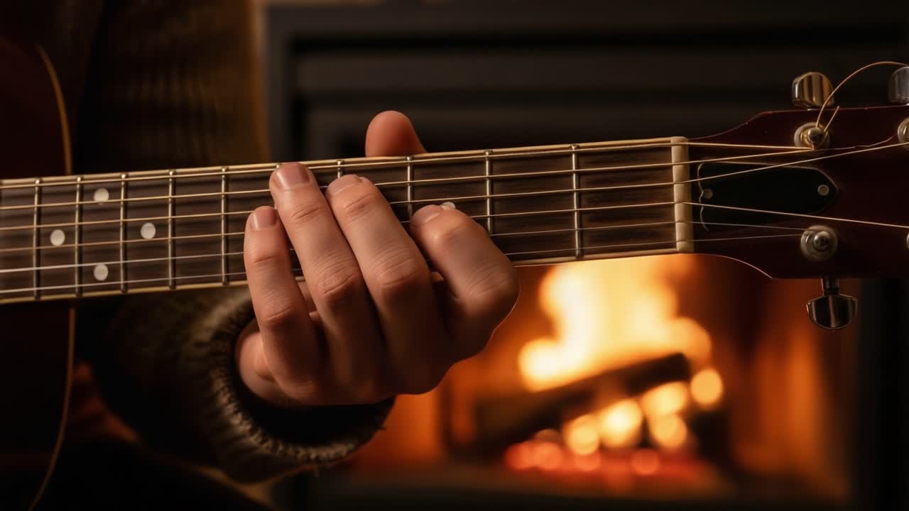 A cozy evening scene featuring a close-up of a person's hand strumming an acoustic guitar in front of a warm, inviting fireplace, creating a serene atmosphere