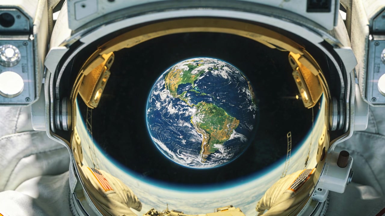 Camera showing helmet visor reflecting South America at spacecraft, white suit gloved hands viewing