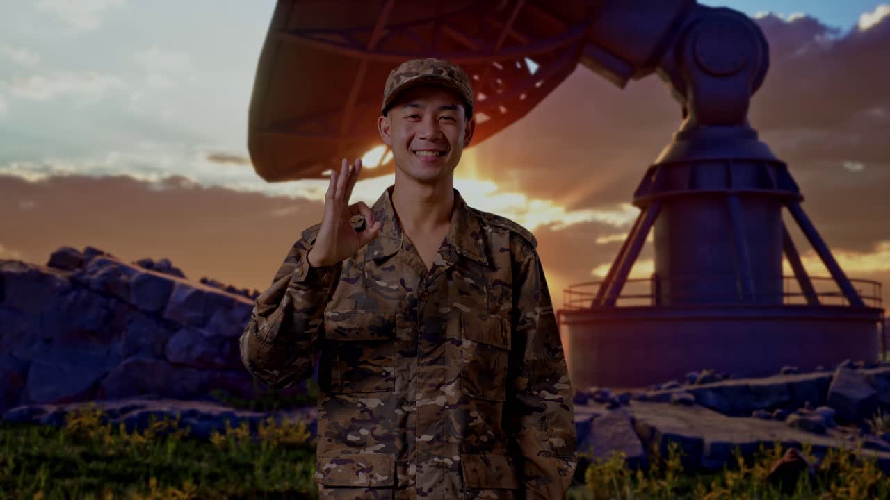 Asian Man Soldier Smiling And Showing Okay Gesture To Camera While Standing With Satellite Dish