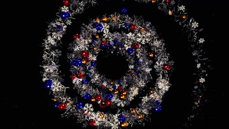 rotating christmas wreath with ornaments and snowflakes