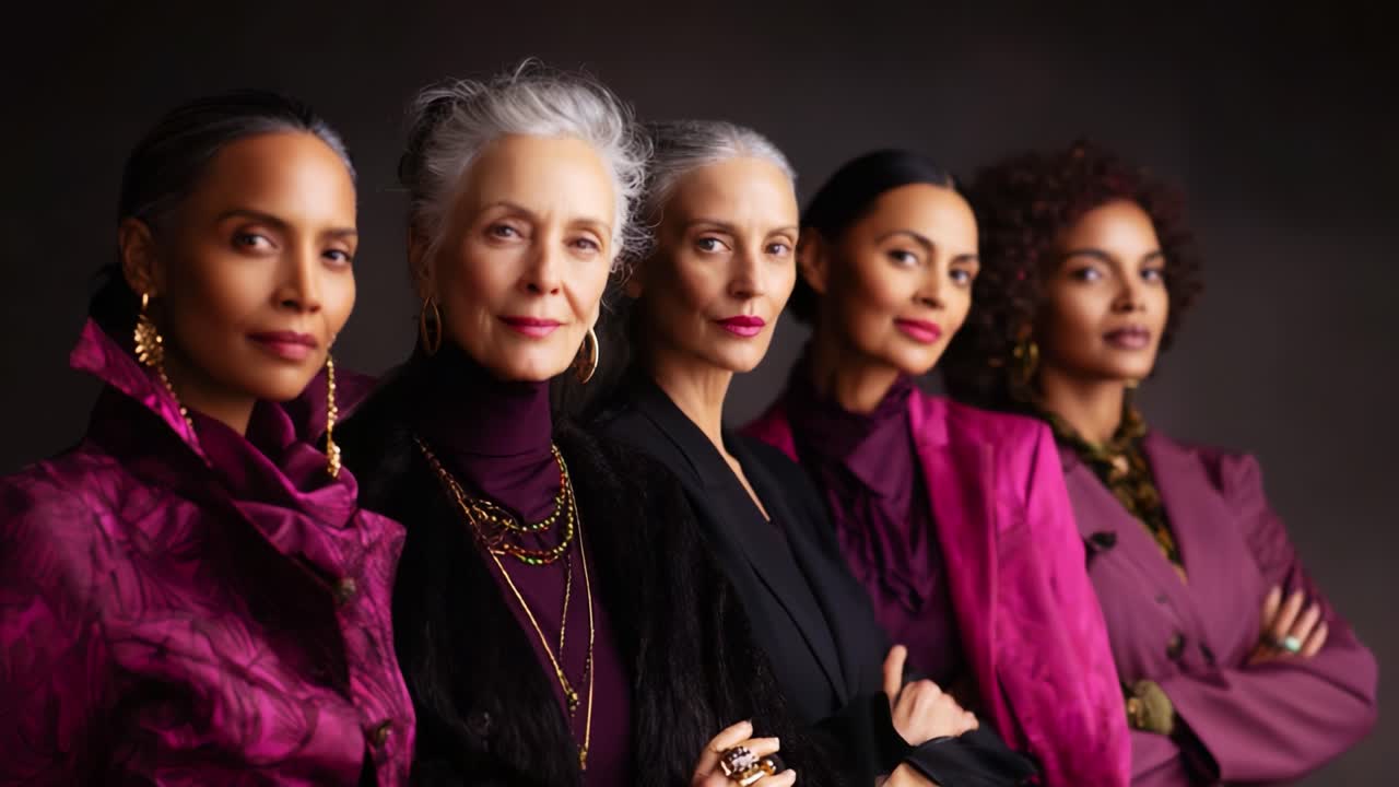 A captivating depiction of five elegant women showcasing timeless beauty and fashion with confidence and grace, emphasizing style, sophistication, and empowerment in a stunning portrait