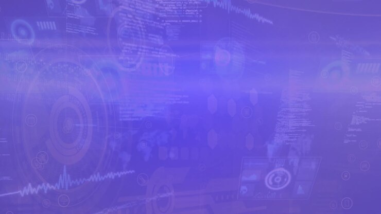 Animation of soundwaves, circles, radars, graph over computer language on abstract background