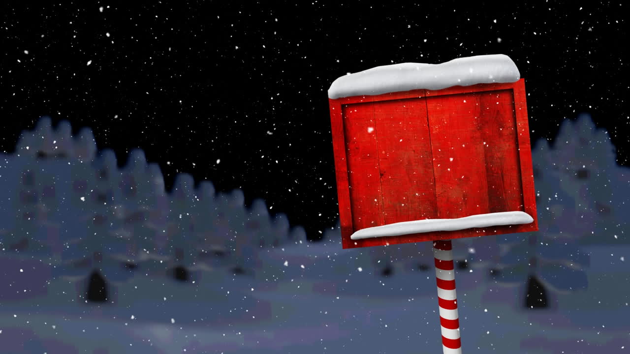 Animation of snow falling and north pole sign with copy space over winter scenery