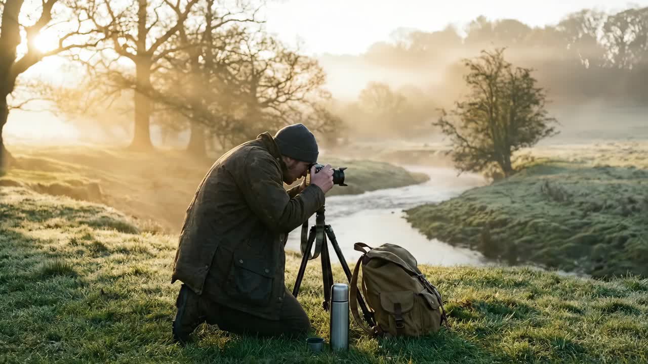 Homem fotografando a névoa sobre a paisagem do rio ao nascer do sol