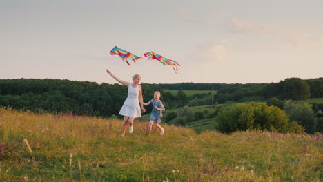 A-Woman-Plays-With-Her-Daughter---Running-Around-In-A-Circle-With-An-Air-Kite-The-Girl-Is-Cheerfully