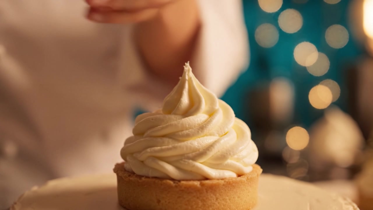 Seorang pembuat roti dengan terampil menghias kue tart lezat dengan putaran krim yang indah, menampilkan seni kuliner di suasana dapur yang menawan yang dipenuhi cahaya hangat