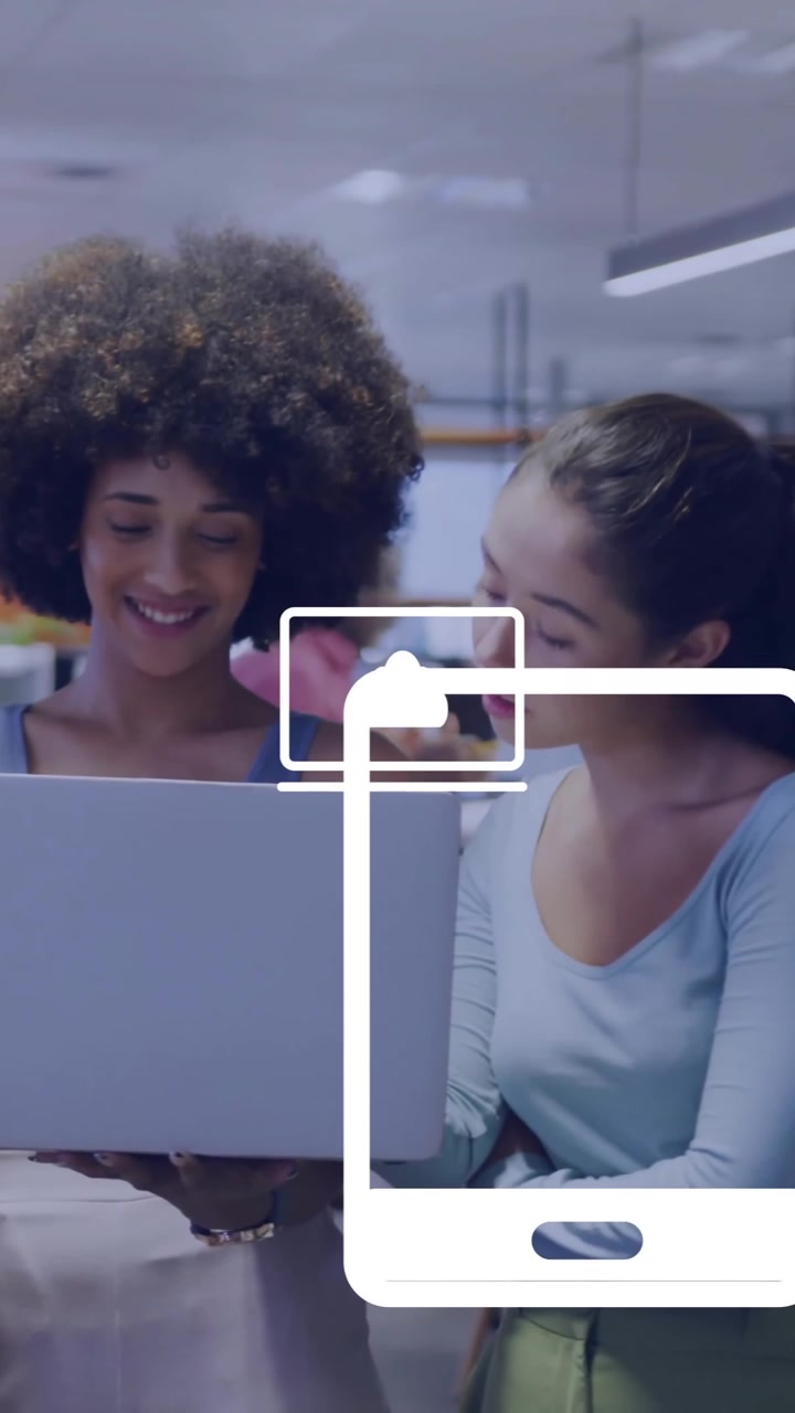Animation of financial data processing over diverse business people in office