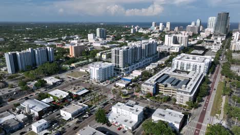 aerial view of bustling florida cityscape with modern high-rise buildings, lush greenery and distant ocean horizon. urban life captured under clear blue skies. downtown saint petersburg, florida