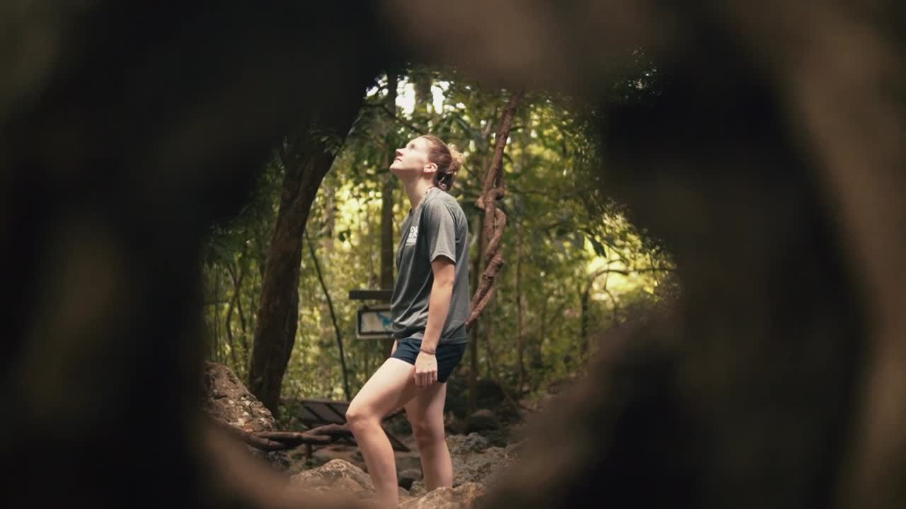 cámara lenta hacia atrás disparo de seguimiento de la mujer excursionista en el bosque