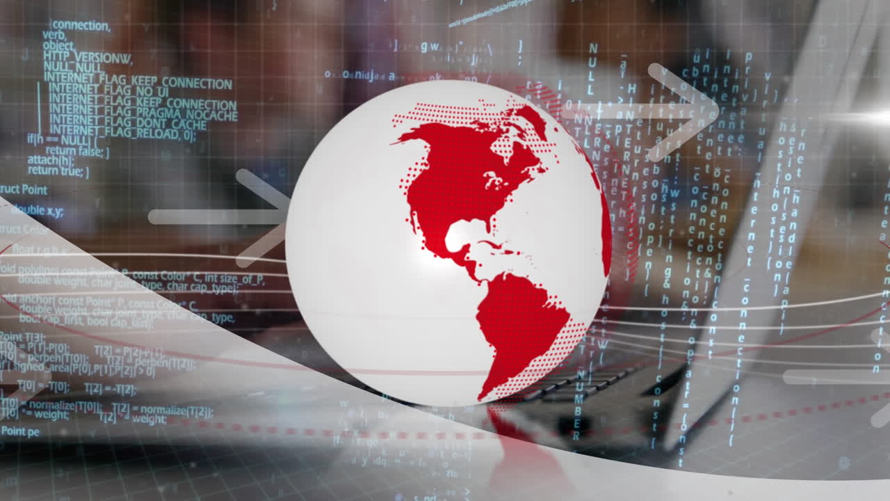 animación del globo, flechas y procesamiento de datos sobre personas borrosas y computadora portátil