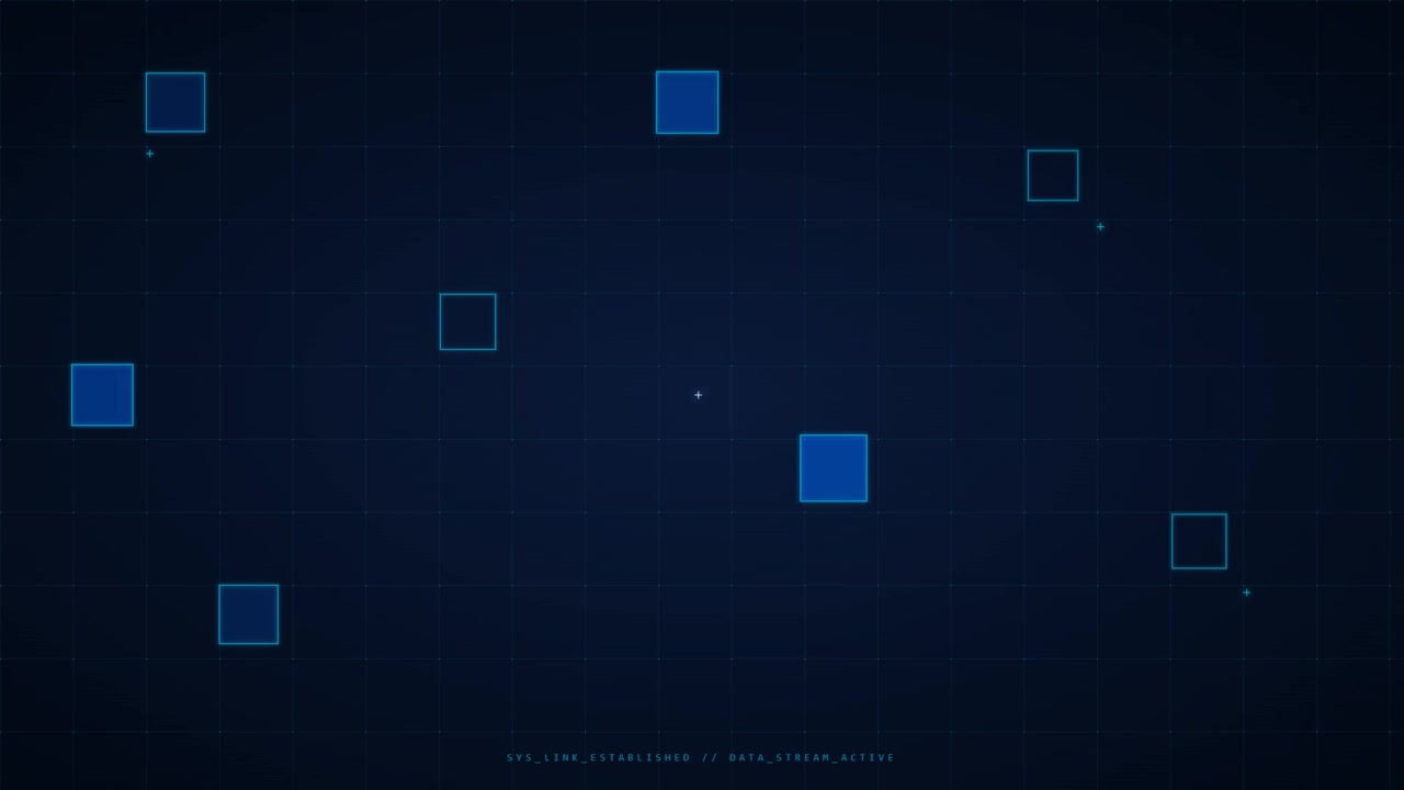 Abstract Digital Interface with Floating Blue Squares and Grid Background