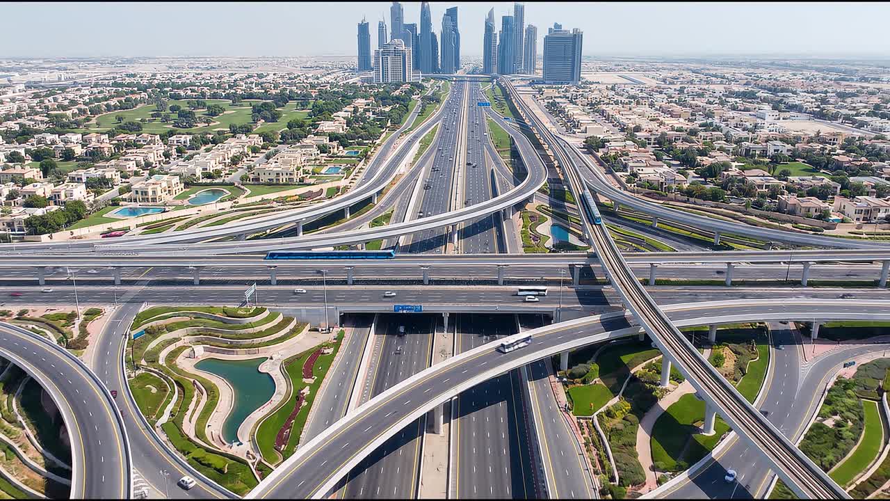 Vista aerea di uno svincolo autostradale multilivello con auto che si muovono attraverso una città moderna