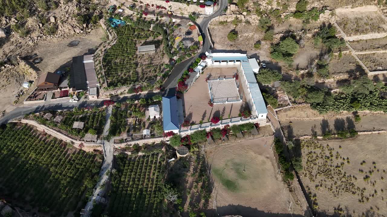 Aerial overview of plantations and a horse barn in rural Saudi Arabia, sunny day