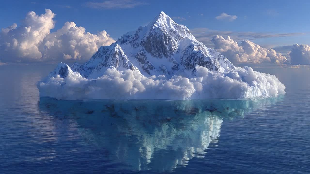 Majestic Iceberg: A Stunning View of a Snow-Capped Mountain Reflecting in Serene Waters, Surrounded by Soft, Fluffy Clouds Under a Clear Blue Sky