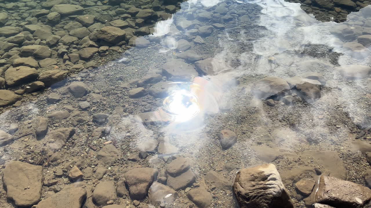 High angle static shot of reflection of sunlight on surface of clear stream