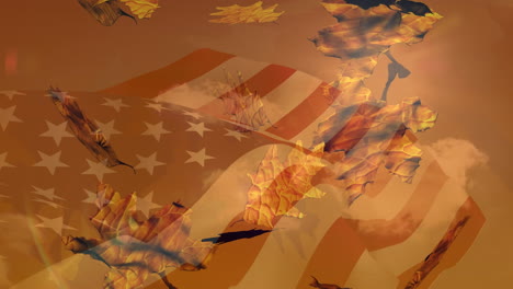 digital composition of american waving flag over autumn leaves falling against clouds in the sky